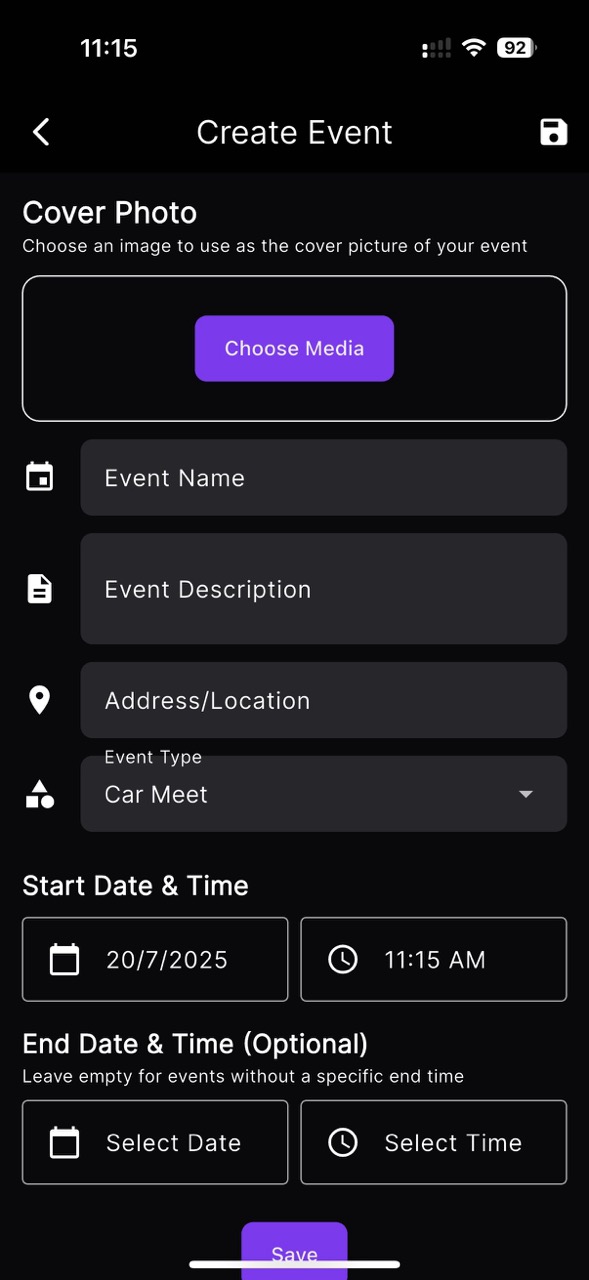 Event Creation Interface - Overtune's intuitive event creation form with fields for title, date, location, description, and media upload options