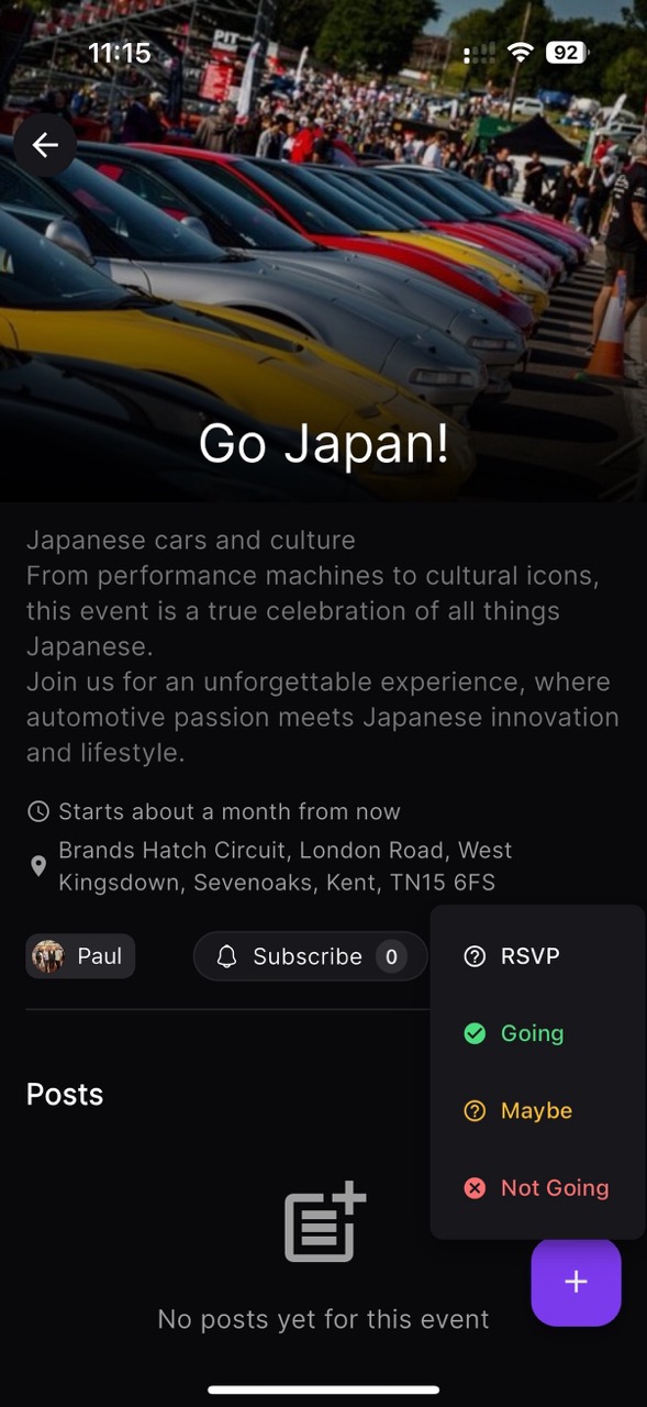 Event RSVP Interface - Overtune's RSVP system with attendee list, response options, and social sharing features